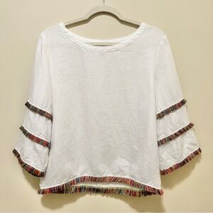 For Cynthia‎ Linen Top Women's Large White Multicolor Fringe Trim Beachy Coastal